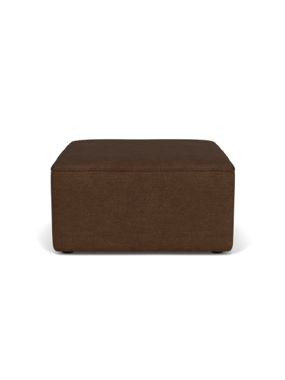 A side profile view of the Eave Modular Pouf, 75, upholstered in a textured brown Audo Bouclé 07 fabric on black background.