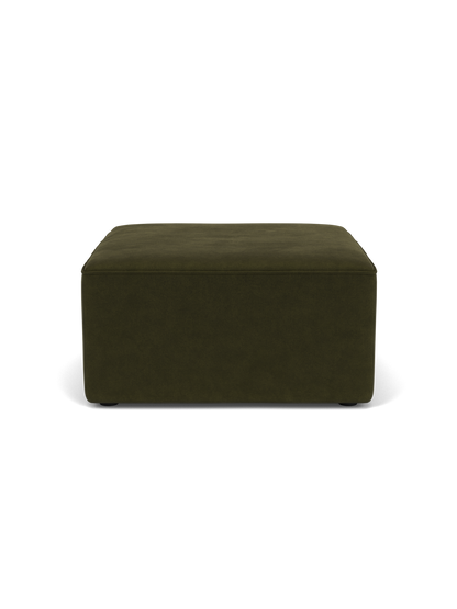 A front view of the Eave Modular Pouf, 75. The square pouf is upholstered in dark olive green fabric on a black background.