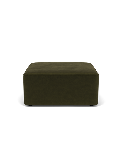 A front-facing view of the square Eave Modular Sofa, 86, Pouf in a dark olive green Champion fabric, on a black background.