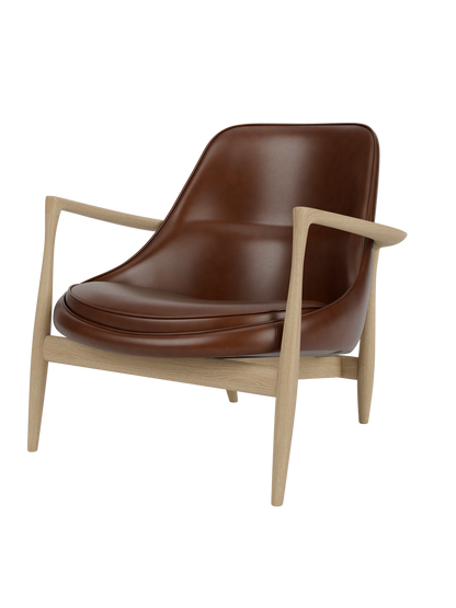 A three-quarter view of the Elizabeth Lounge Chair with a natural oak frame, sculpted arms and brown leather upholstery.