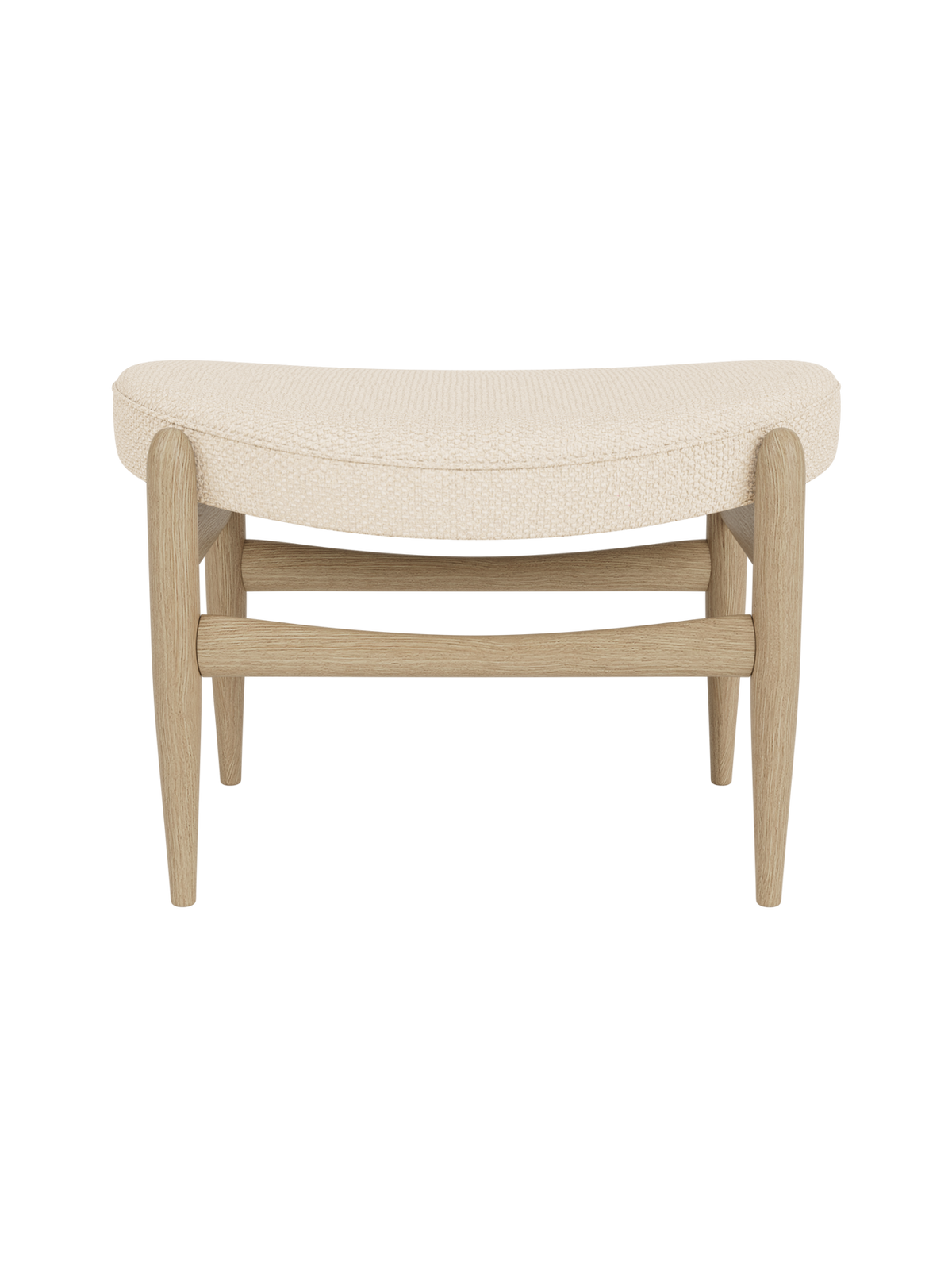 Front view of the Elizabeth Ottoman with natural oak frame and a curved cushion upholstered in Logan Jasmine fabric.