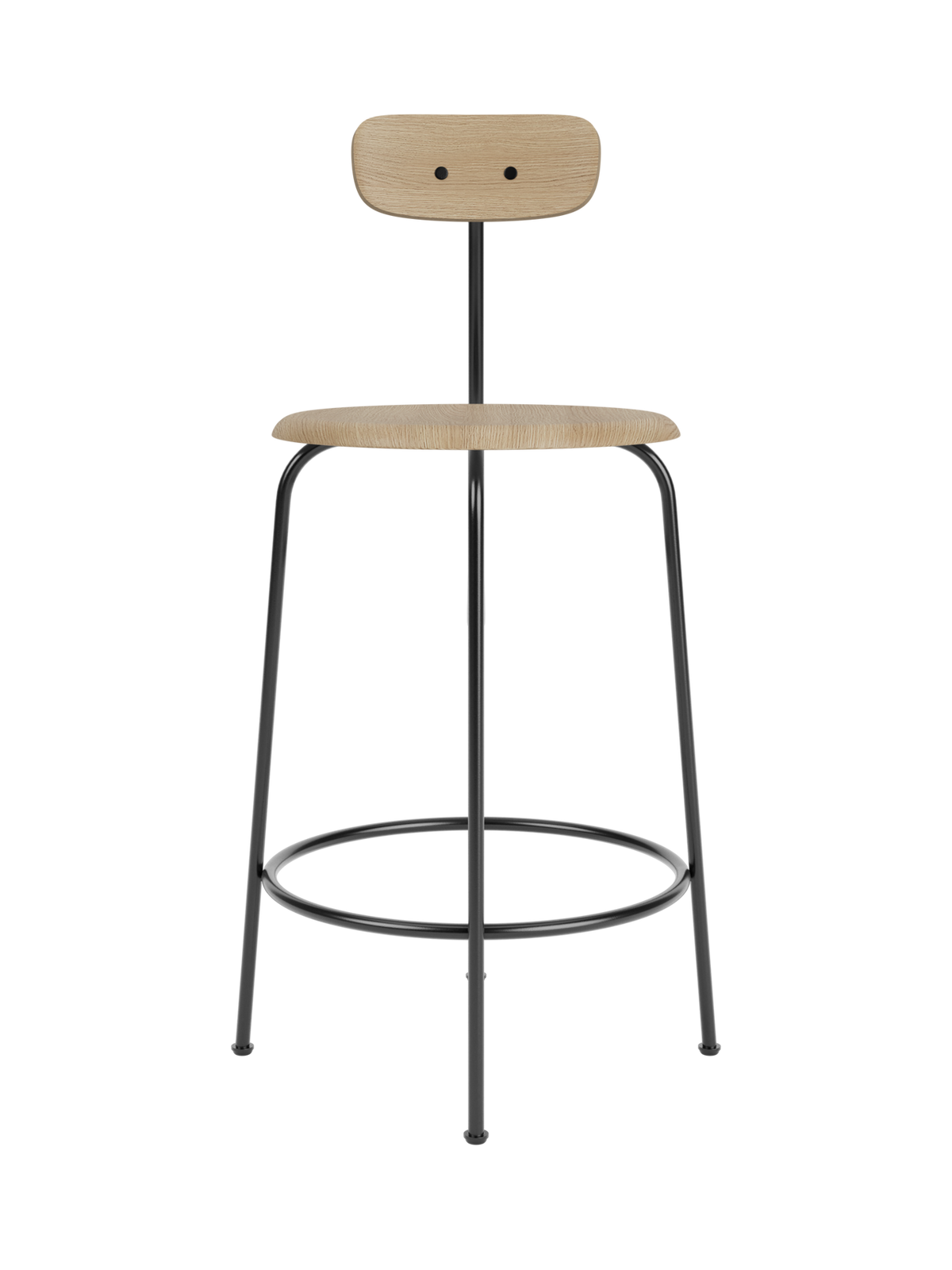 Front view of the Afteroom Counter Chair, Veneer, with natural oak seat and backrest on a minimalist black steel frame.