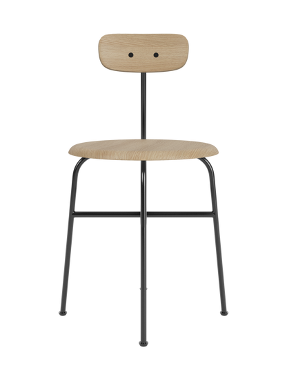 A front-on view of the Afteroom Dining Chair, Veneer, with a natural oak seat and backrest on a slender, black steel frame.