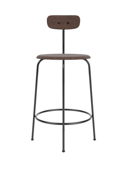 Front view of the Afteroom Counter Chair in dark stained oak veneer, showing its slim black steel frame and wooden seat.