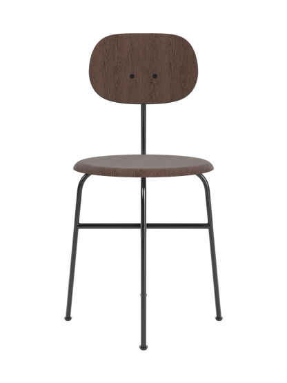 Front view of the Afteroom Dining Chair Plus in dark stained oak veneer with a black steel frame on a black background.
