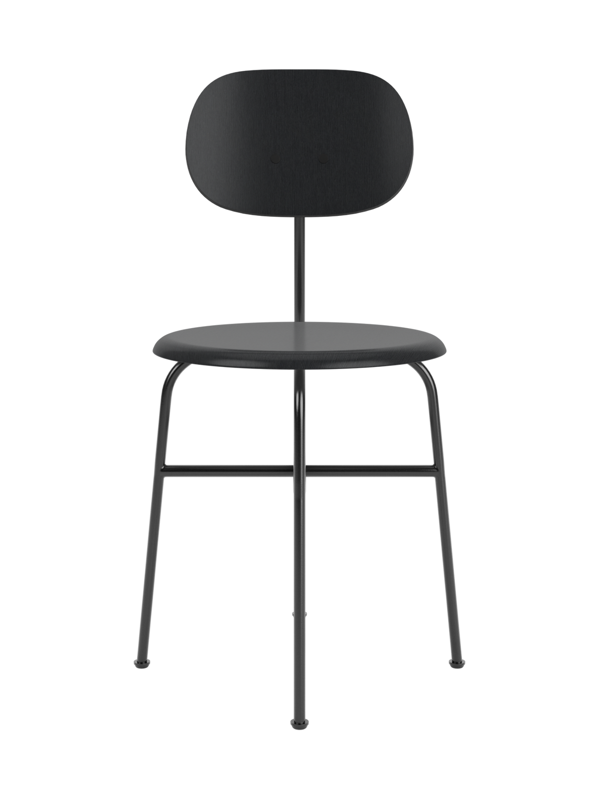 Front view of the Afteroom Dining Chair Plus in black veneer with black powder-coated steel frame against a black background.