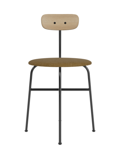 Front view of the Afteroom Dining Chair with a black frame, round brown upholstered seat, and a natural oak wood backrest.