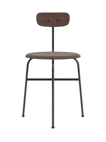 Front view of the Afteroom Dining Chair, Veneer, dark stained oak seat and backrest on a black powder-coated steel frame.