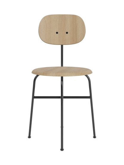 Front view of the Afteroom Dining Chair Plus with a natural oak veneer seat and backrest on a slim, black steel frame.