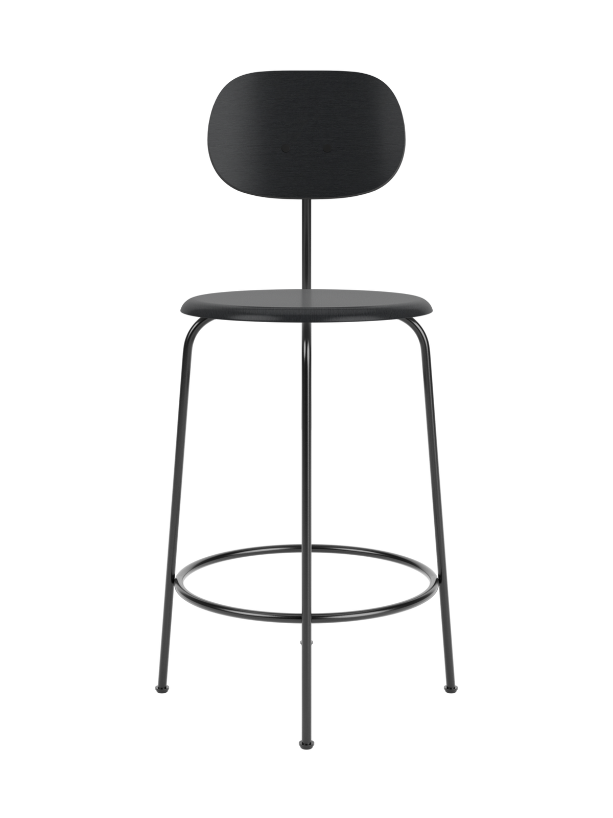 Front view of the minimalist Afteroom Counter Chair Plus in black painted oak with a slender black powder-coated steel frame.