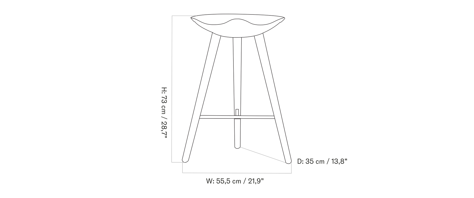 Line drawing of a three-legged wooden stool with curved saddle seat, footrest bar and dimensions indicated (black outline).