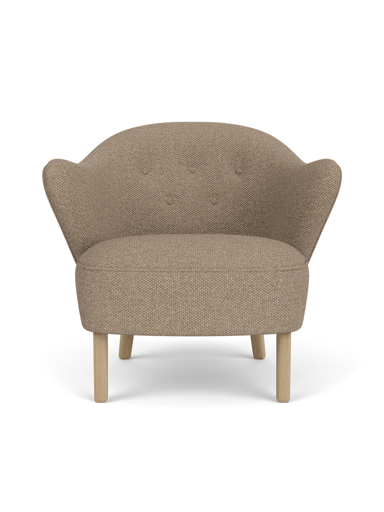 Ingeborg Lounge Chair in Logan Flint textile with natural oak legs, featuring a compact, curved silhouette.