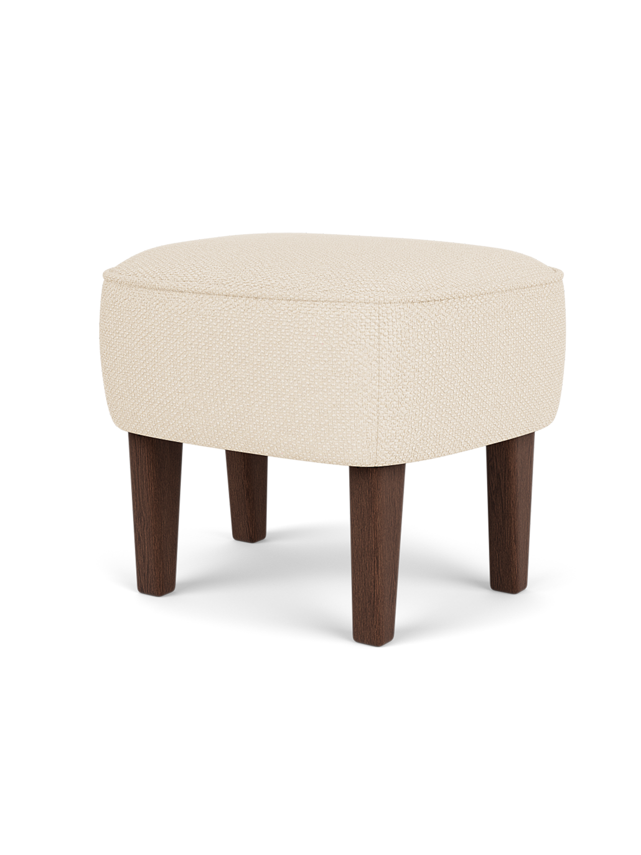 Ingeborg Ottoman upholstered in off-white Logan Jasmine textile with four tapered dark-stained oak legs.