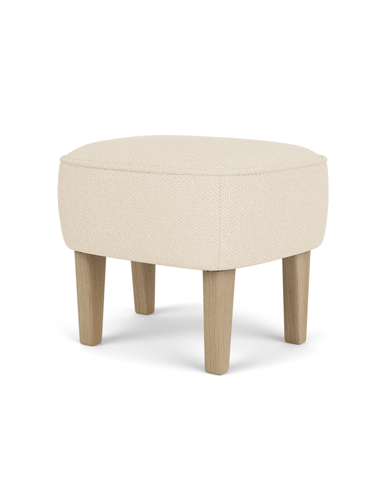 Ingeborg Ottoman in Logan Jasmine textile with natural oak legs, featuring a curved 1940s design by Flemming Lassen.
