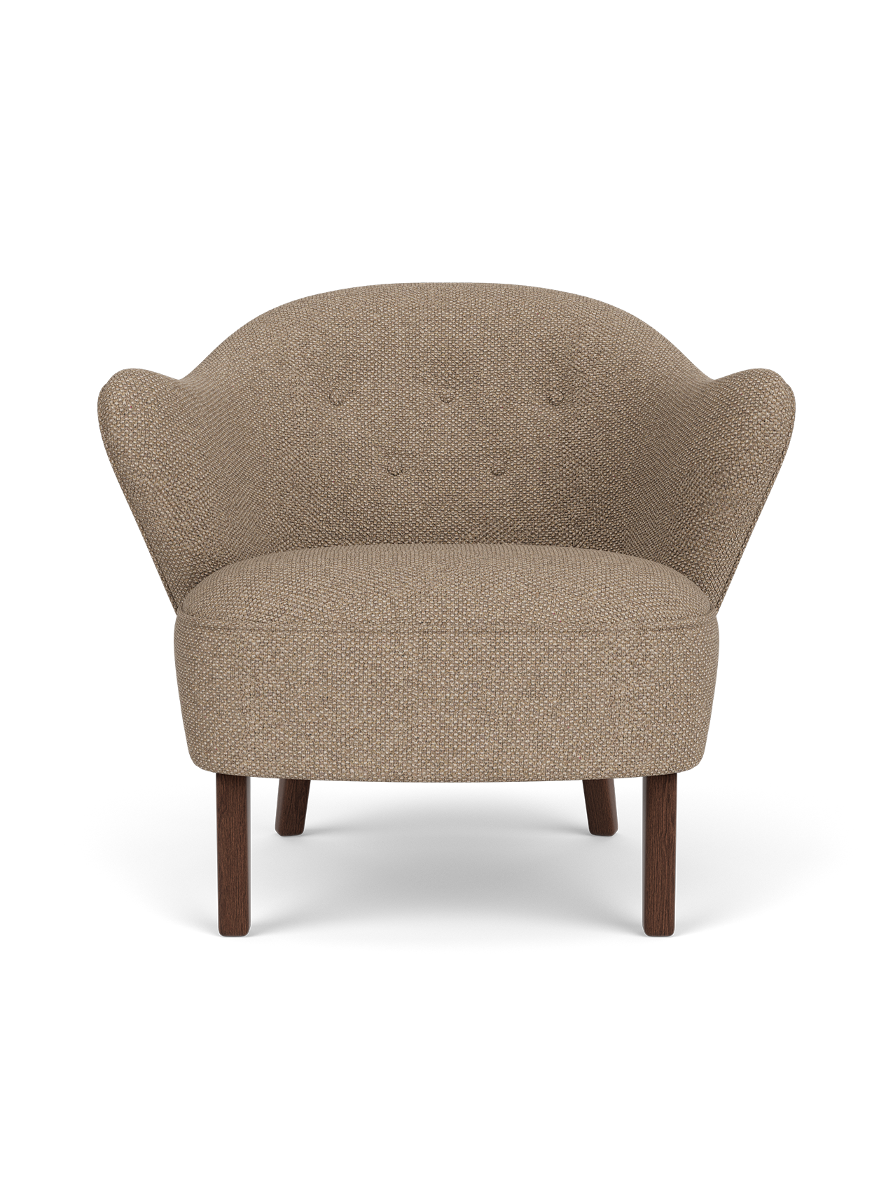 Ingeborg Lounge Chair in Logan Flint textile with dark stained oak legs, featuring a sculptural, curved silhouette.
