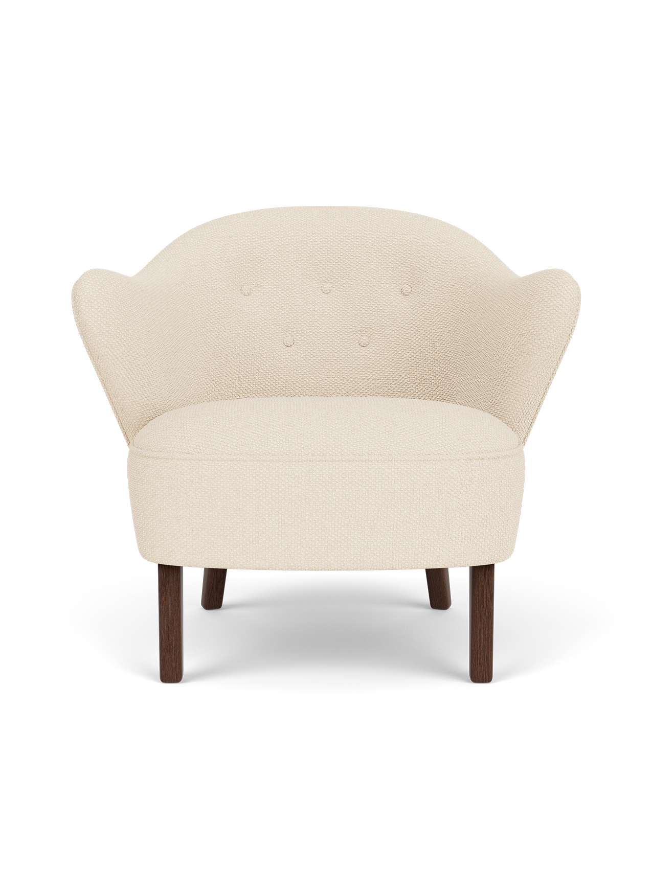 Ingeborg Lounge Chair in Logan Jasmine textile featuring sculptural armrests and dark stained oak legs.