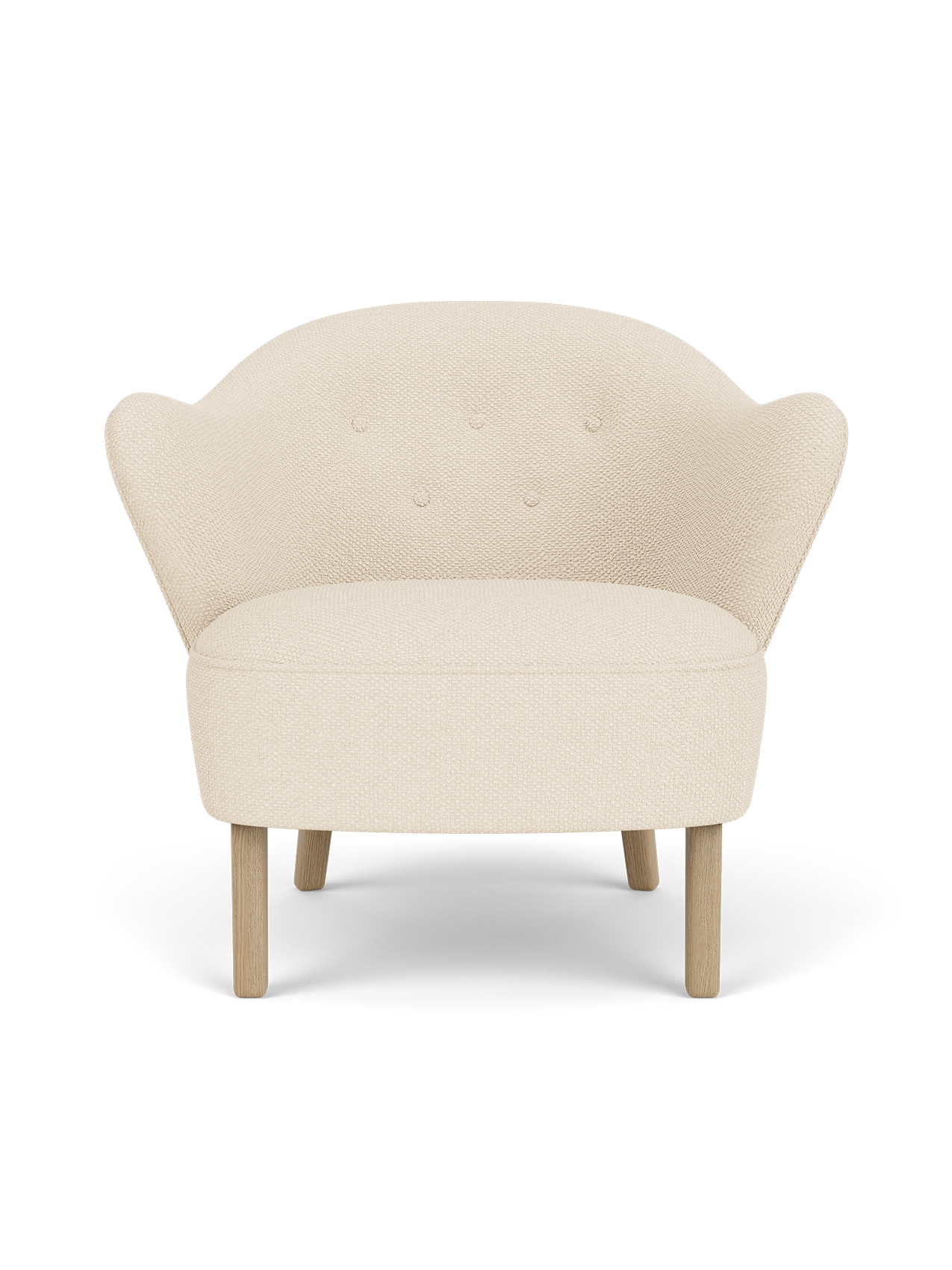 Ingeborg Lounge Chair in Logan Jasmine textile with natural oak legs and a curved, button-tufted backrest.