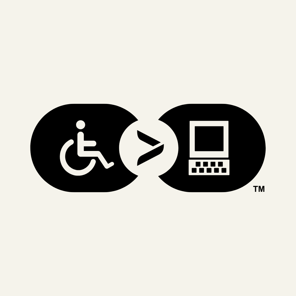 Black and white icon showing a wheelchair symbol linked to a laptop symbol with a central circular connector.