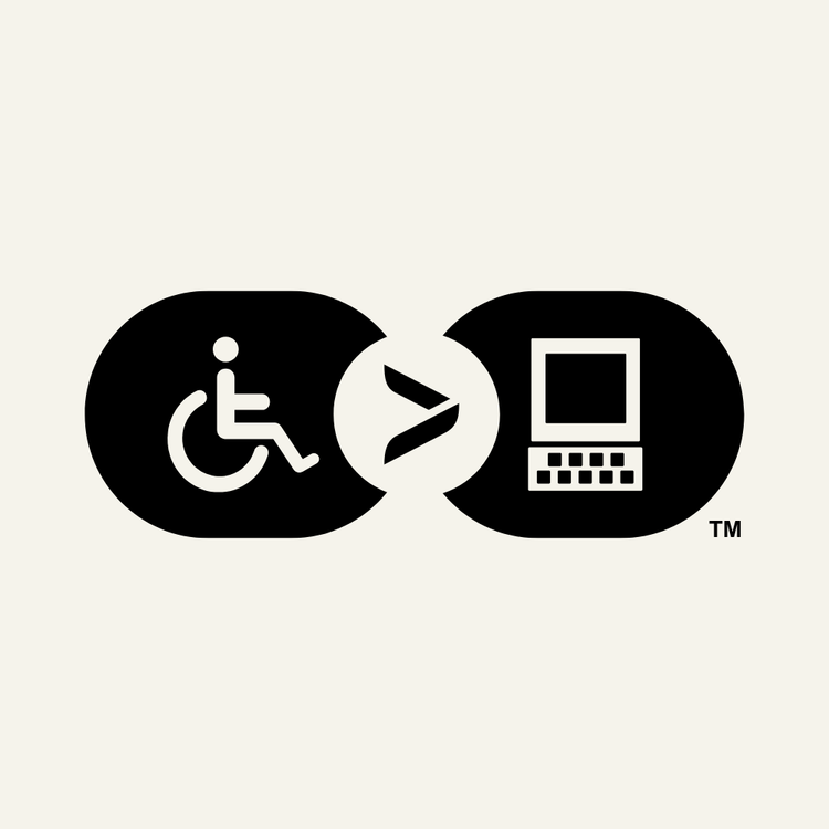 Black and white icon showing a wheelchair symbol linked to a laptop symbol with a central circular connector.