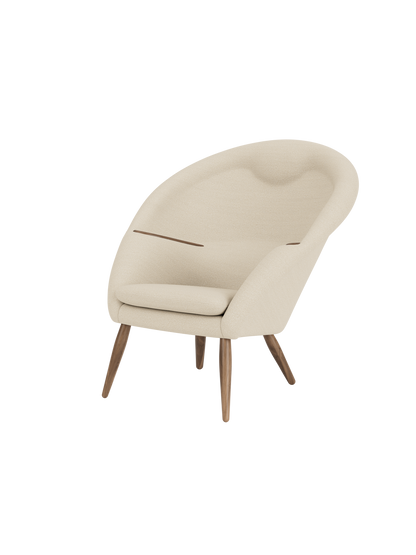 A three-quarter view of the Oda Lounge Chair, upholstered in light grey textured Hallingdal fabric with dark walnut legs.
