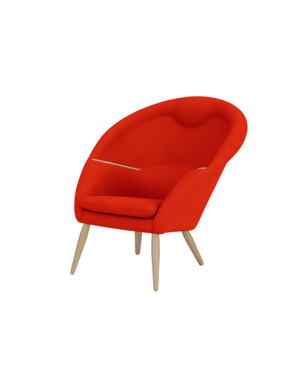 A three-quarter view of the Oda Lounge Chair, upholstered in red Hallingdal 600 fabric with natural oak legs and armrests.