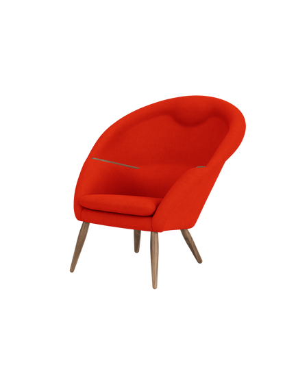 A three-quarter view of the Oda Lounge Chair, upholstered in a vibrant red Hallingdal 600 fabric with tapered walnut legs.