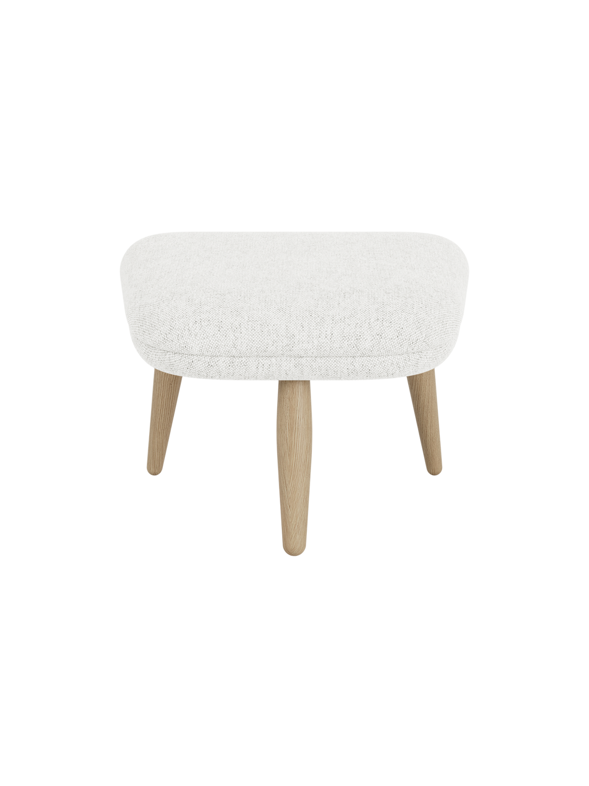 An Oda Ottoman with a light grey textured fabric seat and four tapered legs in natural oak, viewed from the front.