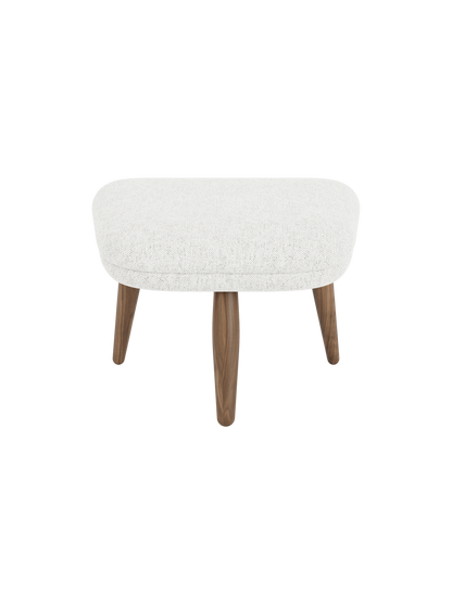 Front view of the Oda Ottoman. Cushioned seat in light grey Hallingdal 110 fabric and four tapered walnut legs.