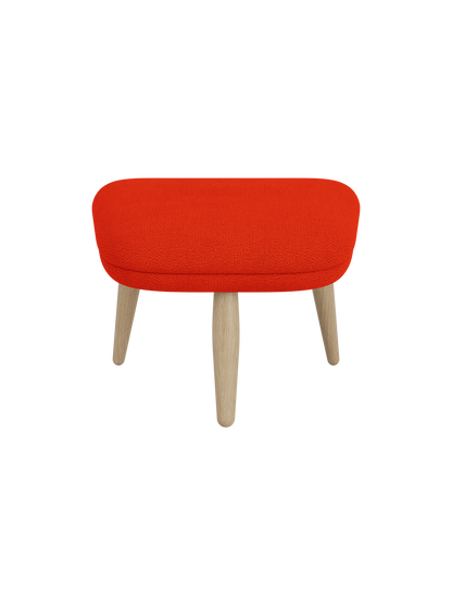 Front view of the Oda Ottoman upholstered in bright red Hallingdal 600 fabric with four natural oak legs.