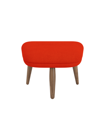 Front view of the Oda Ottoman upholstered in a vibrant red Hallingdal 600 fabric, with three tapered legs in a walnut finish.