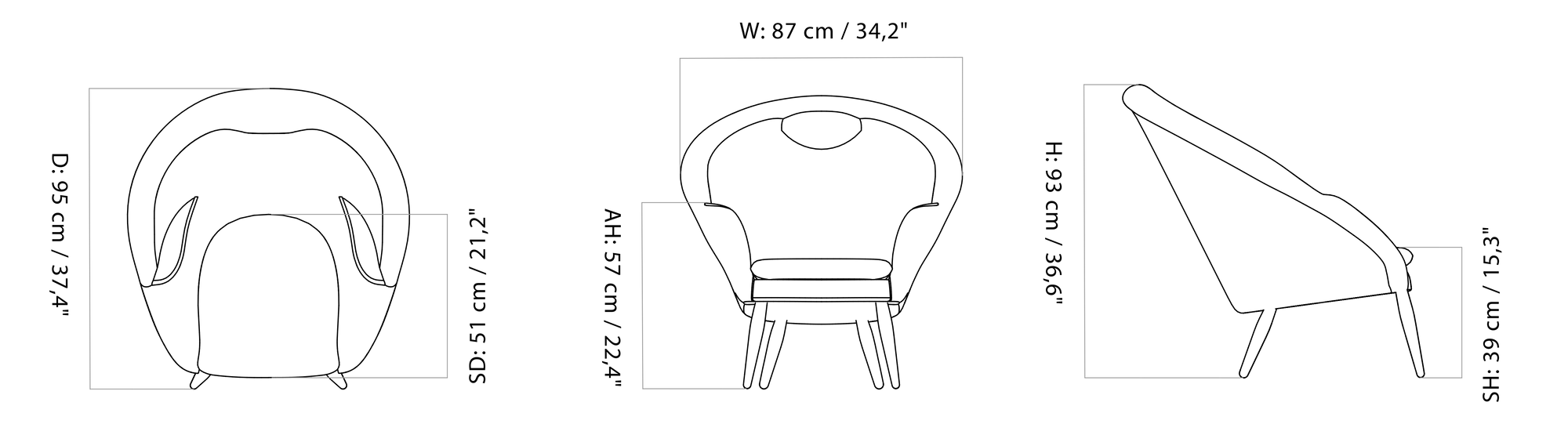 Black line technical drawings of an armchair from front, top and side views showing rounded back, winged sides and tapered
