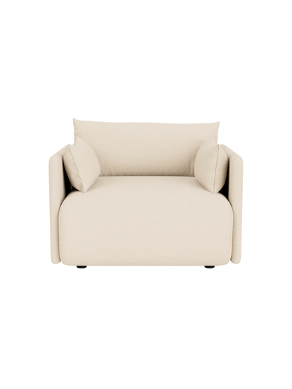 Top-down view of the Offset Sofa 1-seater upholstered in Logan Jasmine, a light textured fabric, on a black background.