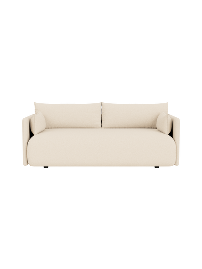 Front view of the Offset Sofa, a 2-seater model in a textured, light cream Logan Jasmine fabric, against a black background.