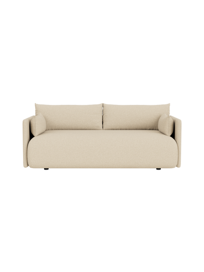 An overhead view of the Offset 2-Seater Sofa in textured, sandy-beige Logan Sand upholstery, isolated on a black background.