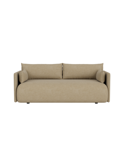 A top-down view of the Offset Sofa 2-seater, upholstered in a light beige Audo Bouclé 02 fabric, against a black background.