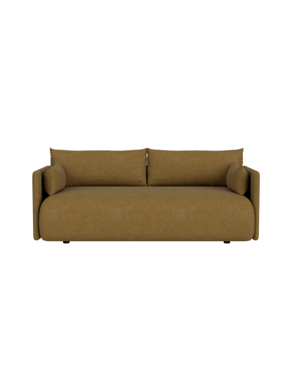 Front view of the Offset Sofa, 2-seater upholstered in textured, warm brown Audo Bouclé 06 fabric against black background.