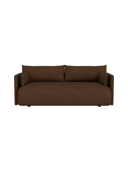 Front view of the brown, two-seater Offset Sofa in Audo Bouclé 07 fabric, shown against a plain black background.