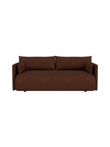 A front view of the Offset Sofa, a 2-seater upholstered in textured, brown Audo Bouclé 08 fabric against a black background.