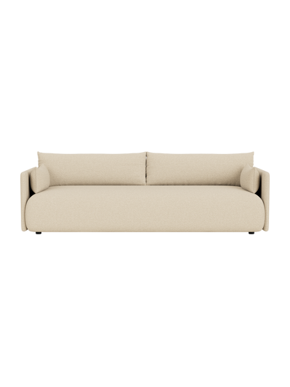 Top-down view of the Offset Sofa, a 3-seater upholstered in light beige Logan Sand fabric, isolated on a black background.