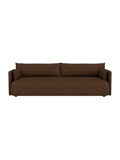 A front-facing view of the Offset Sofa, 3-seater, in brown Audo Bouclé 07 fabric on a black background.