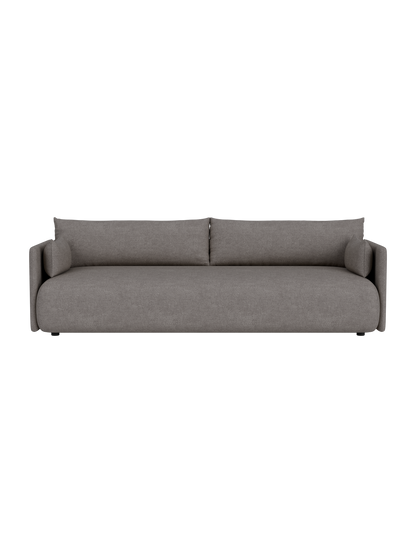 A front view of the Offset Sofa, a 3-seater upholstered in textured, light-coloured Audo Bouclé 16, on a black background.