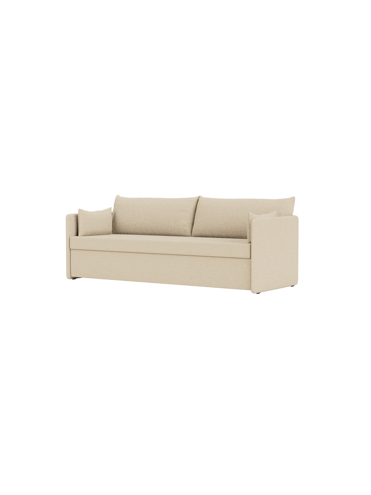 Offset Sovesofa som 3-personers i lukket position, betrukket med Logan Sand-tekstil og med tilhørende matchende puder.