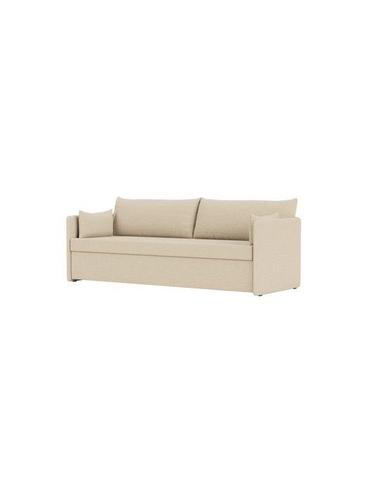 Offset Sovesofa som 3-personers i lukket position, betrukket med Logan Sand-tekstil og med tilhørende matchende puder.