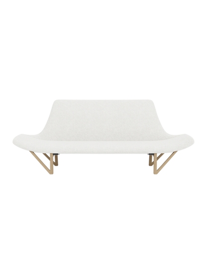 Top-down view of the Pagode Sofa in white Hallingdal 110 upholstery and natural oak frame with V-shaped legs.