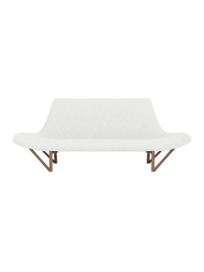 Front view of the Pagode Sofa with light grey Hallingdal 110 upholstery and walnut frame with distinctive V-shaped legs.