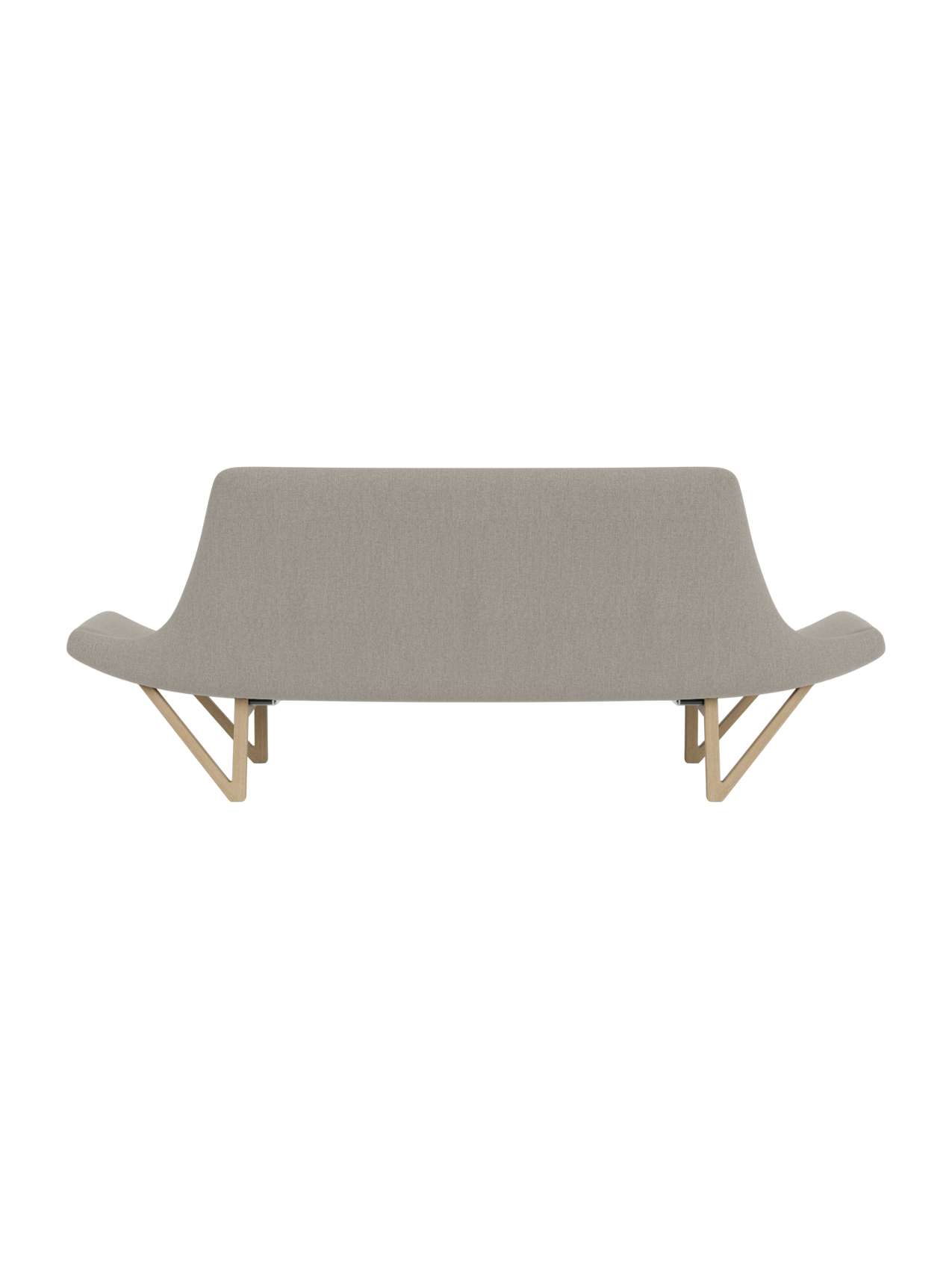 Back view of the Pagode Sofa upholstered in light grey fabric with distinctive V-shaped legs in natural oak.