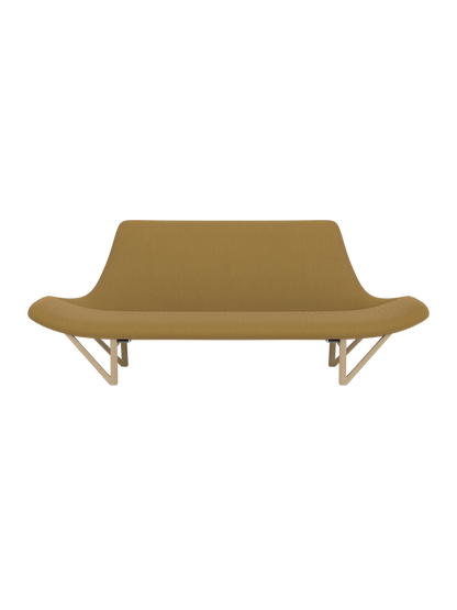 Front view of the Pagode Sofa upholstered in ochre Re-Wool 448 fabric with a natural oak frame and distinctive V-shaped legs.