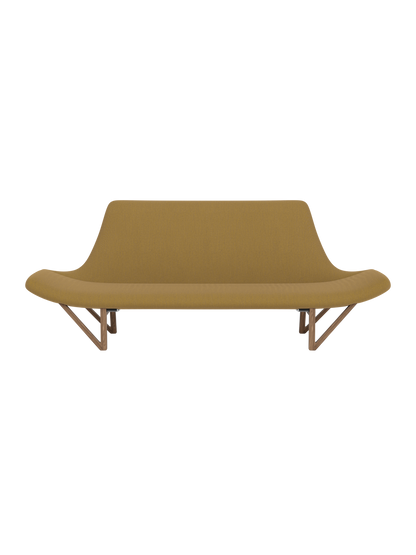 The Pagode Sofa, viewed from the front. It has yellow Re-Wool upholstery, low curved armrests, and V-shaped walnut legs.