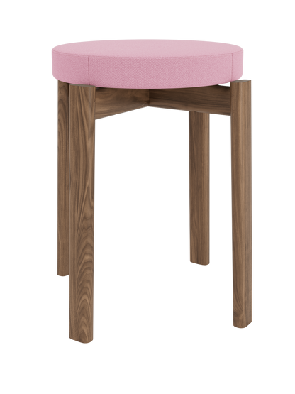 A Passage Stool, Upholstered, with a solid walnut frame and a round, padded seat in light pink Vidar 0526 fabric.