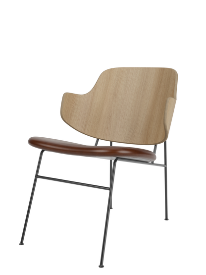 The Penguin Lounge Chair with a natural oak back, brown upholstered seat, and thin black metal frame, on a black background.